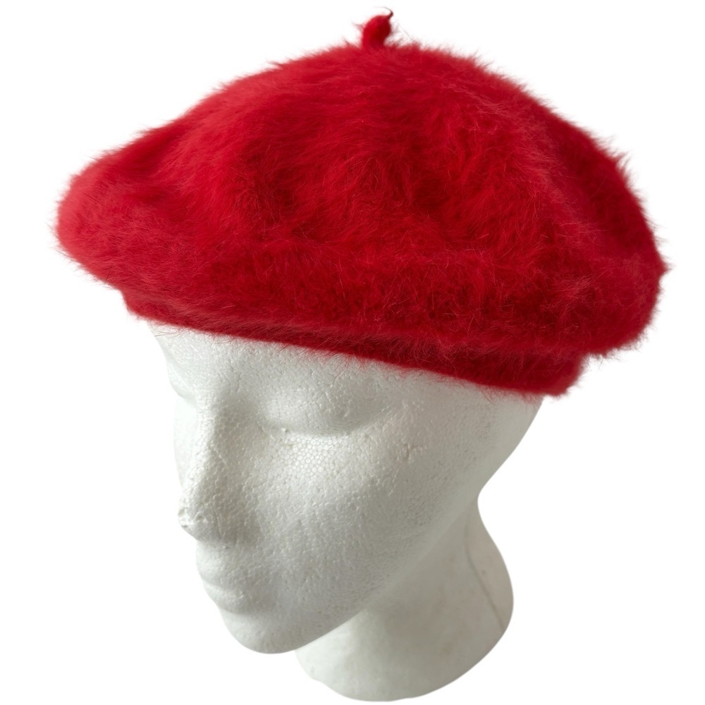 Angora Beret Hat Beret Bright Red Fuzzy Winter Cap Made with soft Rabbit Hair